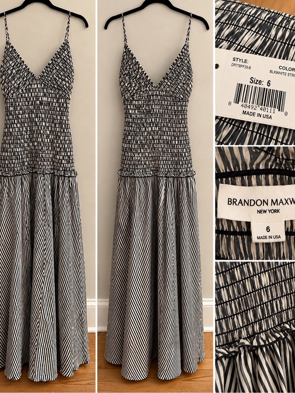 Brandon Maxwell Black and White Striped Smocked Bodice Maxi Dress